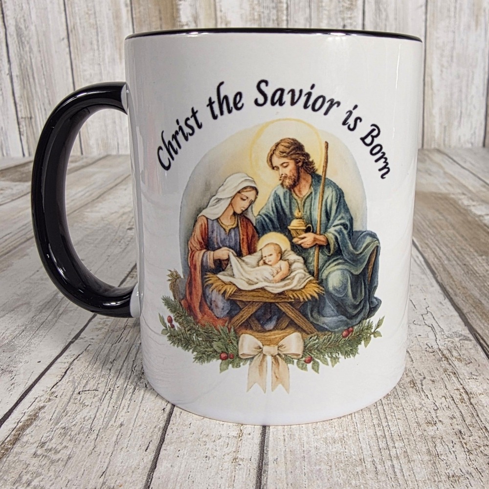 Christ the Savior is Born Nativity Scene Ceramic Coffee Mug White Black Interior